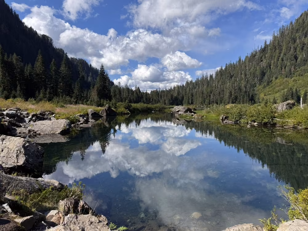 Clouds reflected in a still mountain lake